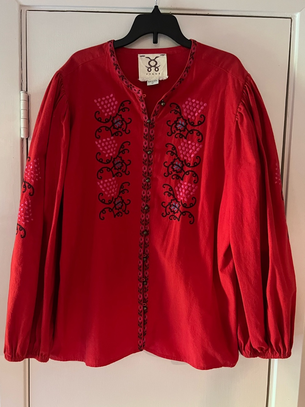 FIGUE Red Embroidered Button-Front Blouse